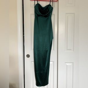 Small (and slightly hemmed for petite) satin emerald green high-slit dress!